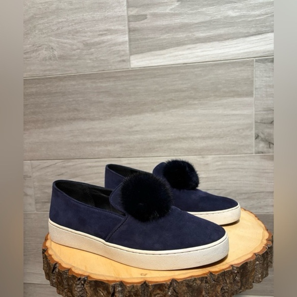 Michael Kors Suede Leather mink fur Pom Pom Eddy Slip On loafers blue size 7.5